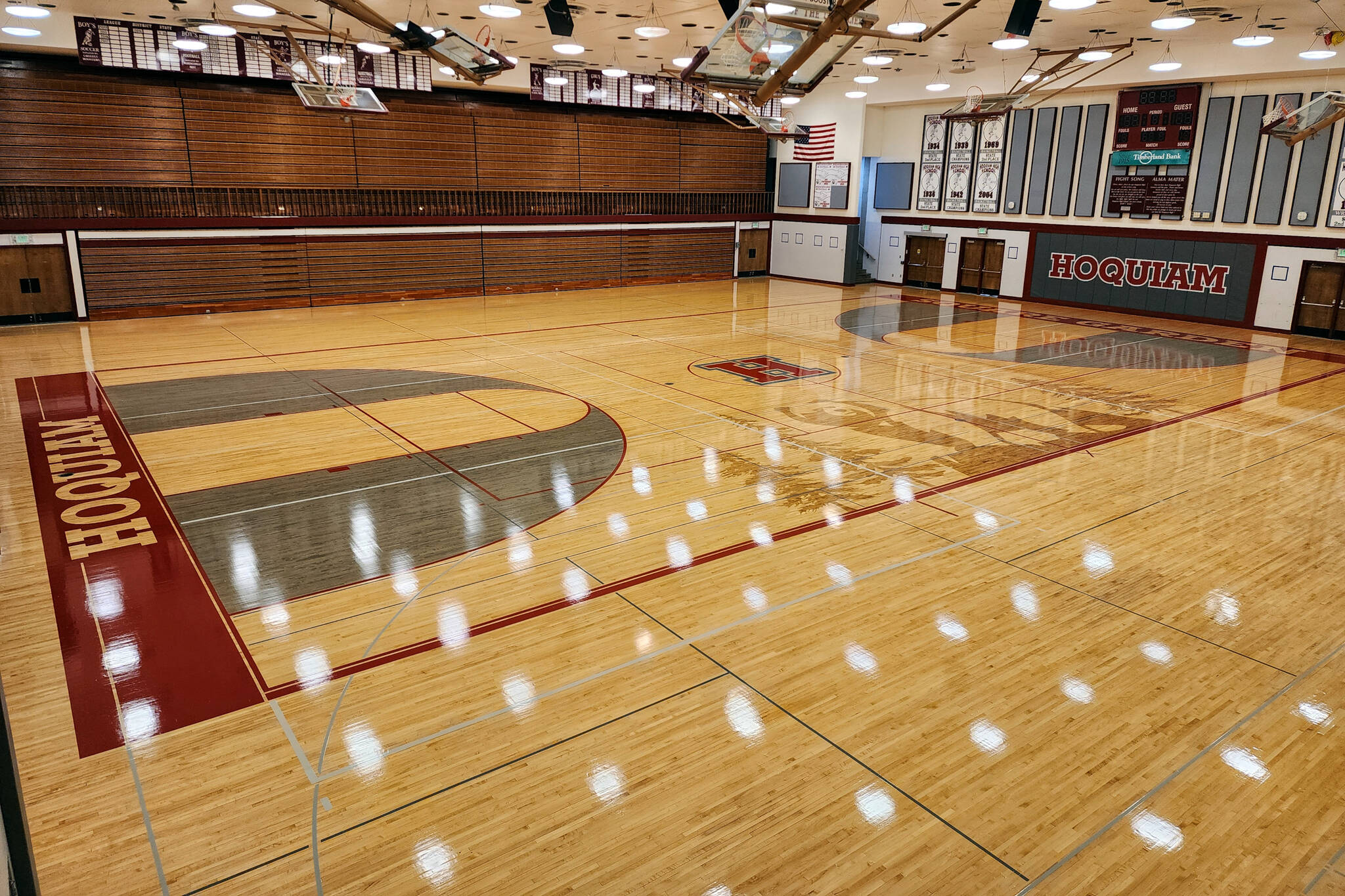 RYAN SPARKS | THE DAILY WORLD The Hoquiam Square Garden gymnasium floor at Hoquiam High School has a new look after renovations were completed this summer. The court will debut to the public when Hoquiam hosts its annual Volleyball Jamboree at 4 p.m. on Thursday, Sept. 5.