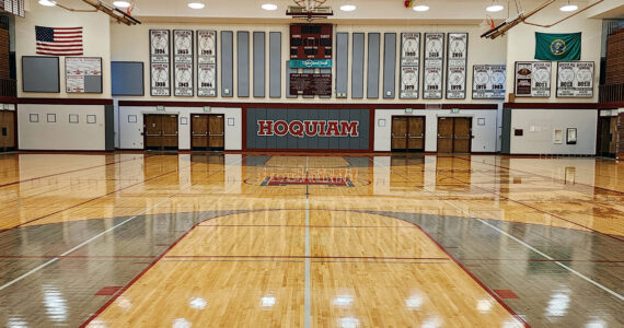 RYAN SPARKS | THE DAILY WORLD The Hoquiam Square Garden gymnasium floor at Hoquiam High School has a new look after renovations were completed this summer. The court will debut to the public when Hoquiam hosts its annual Volleyball Jamboree at 4 p.m. on Thursday, Sept. 5.