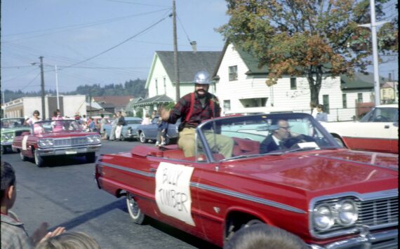 Bob Peterson
Parade convertible with “Billy Timber” riding in 1965 Loggers’ Playday parade.