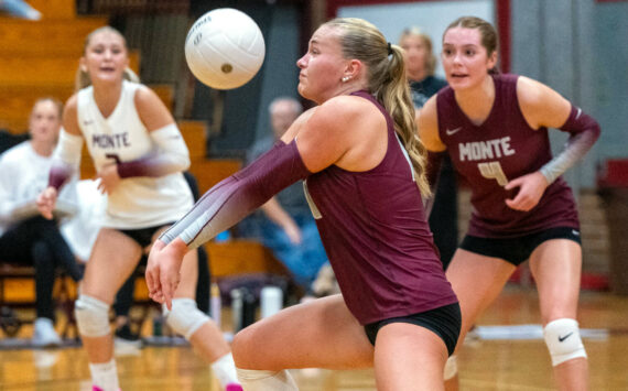 PHOTO BY FOREST WORGUM Montesano outside hitter Kalia Hatton (right) records a dig during the Bulldogs’ 3-0 loss to Adna on Monday at Montesano High School.