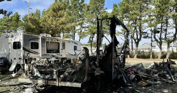 Michael S. Lockett / The Daily World
Fire annihilated an RV in Westport on Thursday morning.