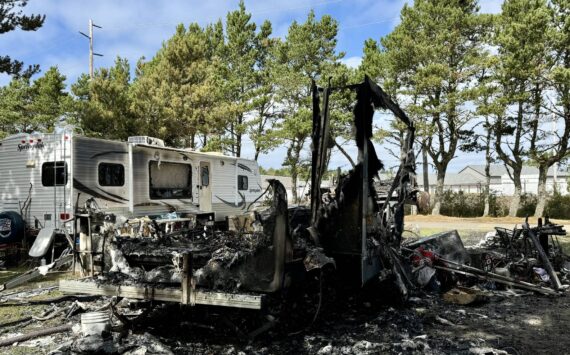 Michael S. Lockett / The Daily World
Fire annihilated an RV in Westport on Thursday morning.