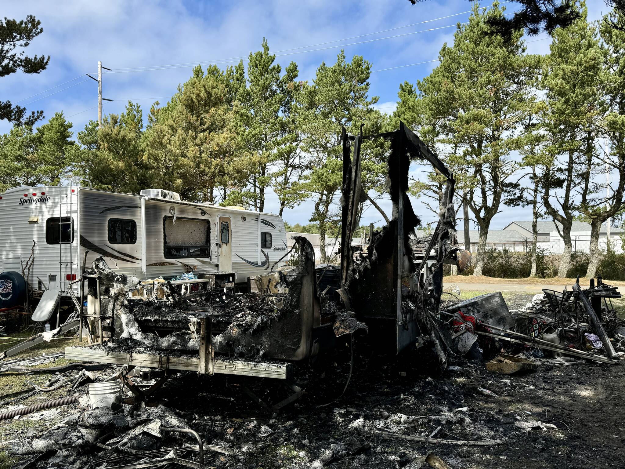 Fire annihilated an RV in Westport on Thursday morning. (Michael S. Lockett / The Daily World)