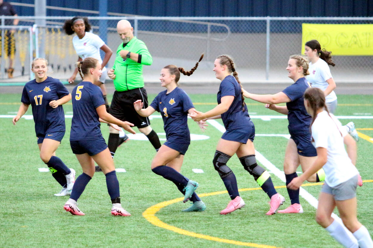 RYAN SPARKS | THE DAILY WORLD The Aberdeen Bobcats celebrate a goal in the first half of a 5-1 victory over Hoquiam on Thursday in Aberdeen.