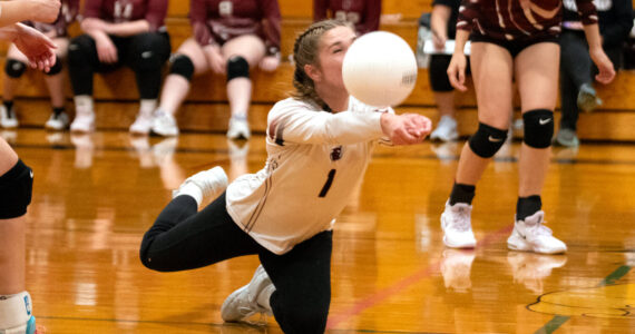 PHOTO BY VAN ADAM DAVIS Ocosta libero Noel Cuzdey (1) recorded 39 digs, a school record for digs in a match, to lead the Wildcats to a 3-1 win over North Beach on Wednesday in Westport.