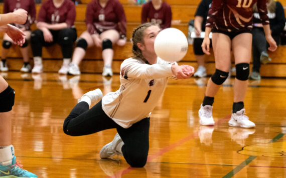 PHOTO BY VAN ADAM DAVIS Ocosta libero Noel Cuzdey (1) recorded 39 digs, a school record for digs in a match, to lead the Wildcats to a 3-1 win over North Beach on Wednesday in Westport.