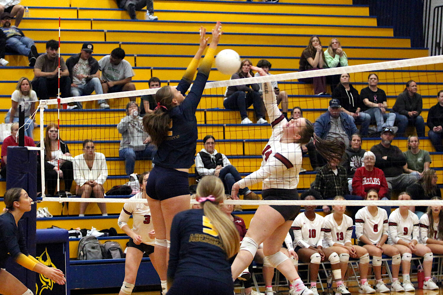 RYAN SPARKS | THE DAILY WORLD Aberdeen senior Lilly Camp (left) blocks the shot of Hoquiam middle blocker Sydney Gordon during the Bobcats’ 3-0 win on Monday at Sam Benn Gym in Aberdeen.