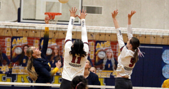 RYAN SPARKS | THE DAILY WORLD Aberdeen’s Morgan McCombs (5) puts up a shot over Hoquiam’s Aaliyah Kennedy (11) and Hayden Brook-Andrew during the Bobcats’ 3-0 win on Monday at Aberdeen High School.