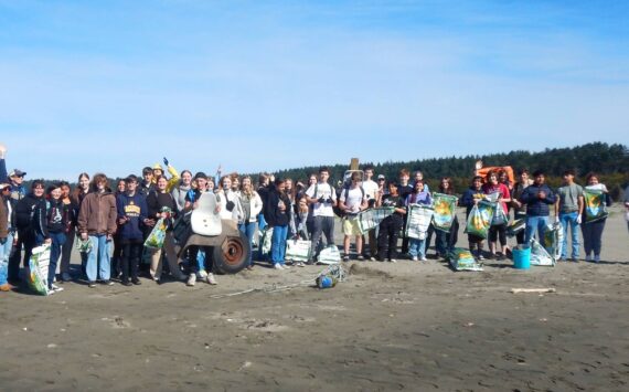 Lee First / Twin Harbors Water Keepers
Aberdeen High School students gather for a group photo on the beach at Griffiths-Priday State Park at Copalis after spending a few hours picking up trash.