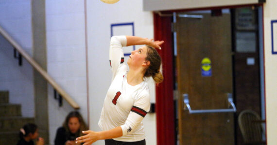 DAILY WORLD FILE PHOTO Hoquiam libero Lexi LaBounty, seen here in a file photo, had 13 digs in the Grizzlies’ straight-set victory over Elma on Tuesday at Hoquiam High School.