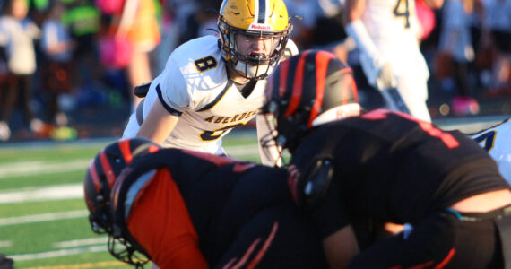 RYAN SPARKS | THE DAILY WORLD Aberdeen linebacker Sam Schreiber (8) stares down the Centralia offense during a 40-0 win on Saturday in Centralia.