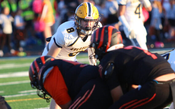 RYAN SPARKS | THE DAILY WORLD Aberdeen linebacker Sam Schreiber (8) stares down the Centralia offense during a 40-0 win on Saturday in Centralia.