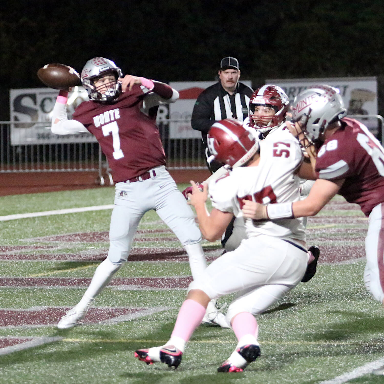 RYAN SPARKS | THE DAILY WORLD Montesano quarterback Tyson Perry (7) drops back to pass during a 42-0 win over Hoquiam on Friday at Jack Rottle Field in Montesano.