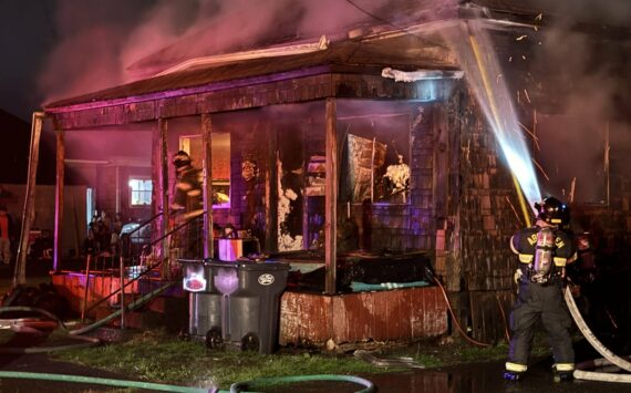 Firefighters battle a structure fire in Aberdeen on Monday night. (Michael S. Lockett / The Daily World)