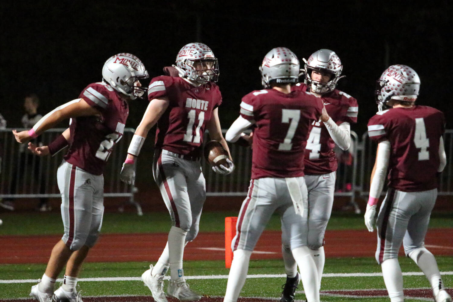 DAILY WORLD FILE PHOTO 
The Montesano Bulldogs celebrate after Gabe Pyhala (11) scored a touchdown in a game against Hoquiam on Oct. 11. The Bulldogs play at Rochester on Friday.