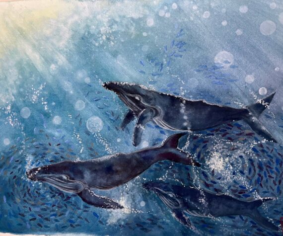 <p>Yoko Minkler has a way with water and whales. This dynamic gouache painting is 16 inches by 20 inches. All art is available for purchase.</p>