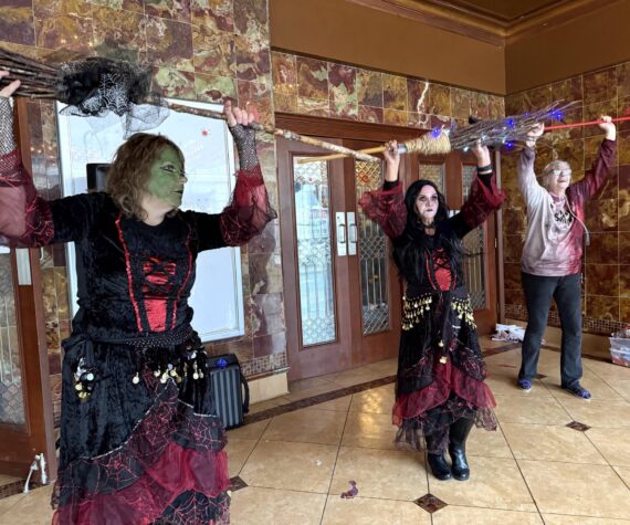 <p>Matthew N. Wells / The Daily World</p>
                                <p>Three “witches,” Julie Swor, Laurie Butcher and Deb Blecha dance during Walk of the Undead on Saturday in front of the D&R Theatre. Joined by Gwyn Tarrence, not pictured, they provided a fun yet spooky performance that several people applauded.</p>