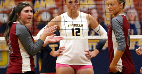 RYAN SPARKS | THE DAILY WORLD Aberdeen senior Lilly Camp (12) stares down the W.F. West side during a 3-0 victory on Tuesday at Aberdeen High School.