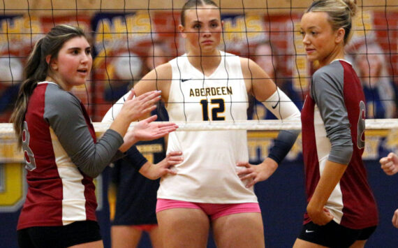 RYAN SPARKS | THE DAILY WORLD Aberdeen senior Lilly Camp (12) stares down the W.F. West side during a 3-0 victory on Tuesday at Aberdeen High School.