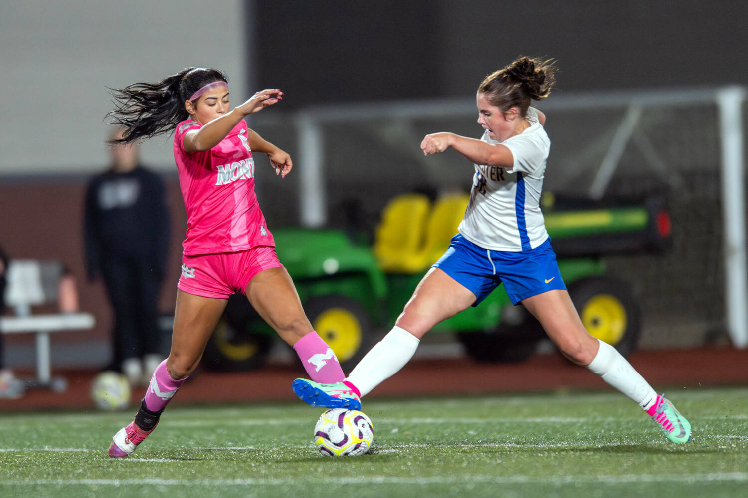 PHOTO BY ASHER HOLCOMB Montesano’s Jaelyn Butterfield (left) competes for possession with Rochester’s Chloe Hess during the Bulldogs’ 4-0 win on Tuesday at Jack Rottle Field in Montesano.