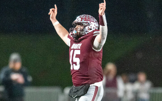 PHOTO BY FOREST WORGUM
Montesano linebacker Felix Romero reacts after securing a fumble in the fourth quarter of a victory over Nooksack Valley last week. Romero and the Bulldogs face Elma in the East County Civil War on Friday in Montesano.