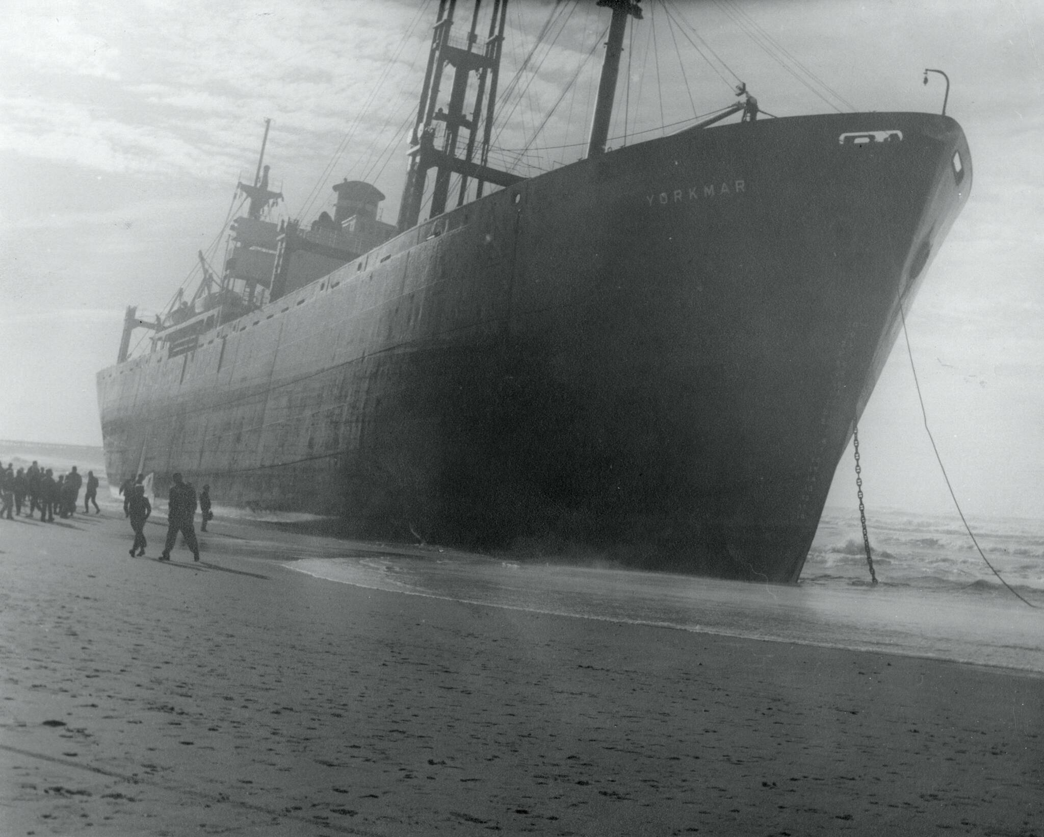 In December of 1952, the Yorkmar waited outside the Grays Harbor bar for two days because the pilot boat could not cross the bar. Finally able to cross at crested tide the Yorkmar was progressing when a high wind caught the ship throwing her broadside onto the beach. When the tide receded the boat was sitting almost on dry sand.