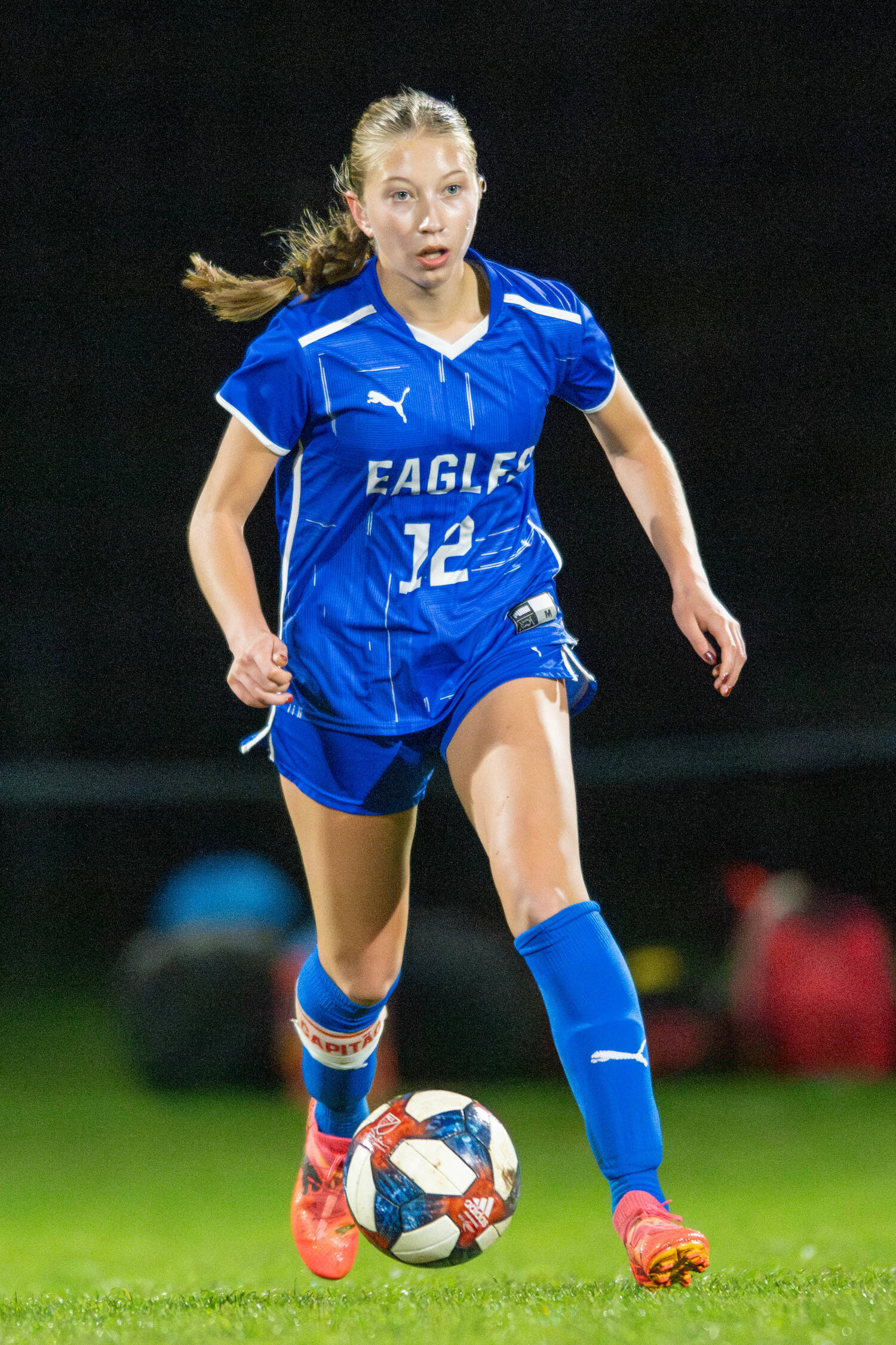 PHOTO BY FOREST WORGUM Elma senior forward Beta Valentine scored three goals to become the school’s all-time leading goal-scorer in a 3-1 district-tournament win over Columbia (White Salmon) on Tuesday in Elma.