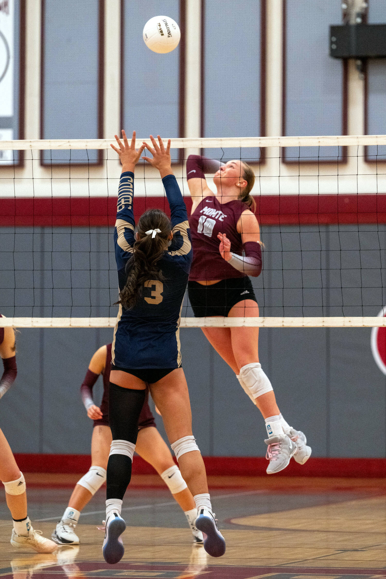 PHOTO BY FOREST WORGUM Montesano’s Kalia Hatton (10) rises for a kill during a 3-2 win over Seton Catholic during the 1A District 4 Tournament on Wednesday in Hoquiam.