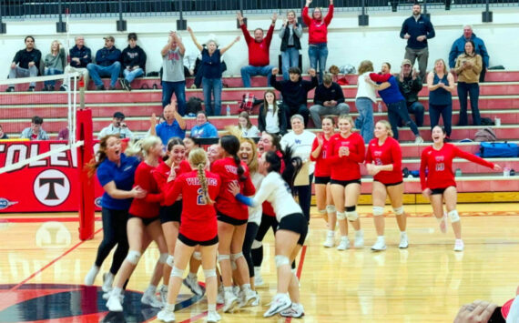 PHOTO BY TIA CHANNELL The Willapa Valley Vikings celebrate a berth to the state tournament after a 3-2 victory over Ocosta in a 1B District 4 Tournament semifinal game on Thursday at Toledo High School.