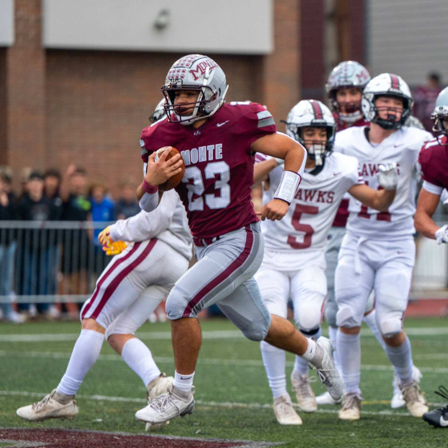 RYAN SPARKS | THE DAILY WORLD Montesano’s Marcus Hale (23) scores a touchdown during a 49-6 victory over Colville in a 1A State Tournament game on Saturday at Montesano High School.