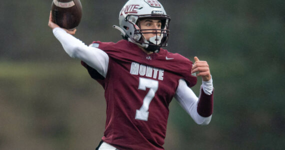 PHOTO BY FOREST WORGUM Montesano quarterback Tyson Perry throws a pass during a 49-6 win over Colville in the first round of the 1A State playoffs on Saturday at Montesano High School.