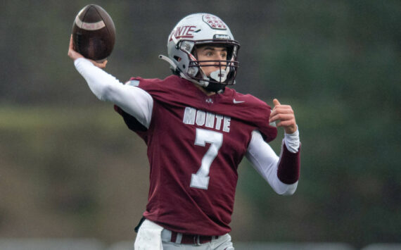 PHOTO BY FOREST WORGUM Montesano quarterback Tyson Perry throws a pass during a 49-6 win over Colville in the first round of the 1A State playoffs on Saturday at Montesano High School.