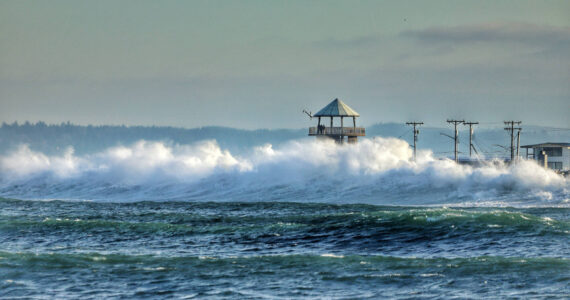 mycoast.org / Stefanie Baltzell
A king tide washes over the watch tower in Westport on Nov. 25 last year, about a half hour before high tide.