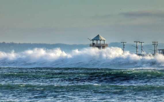 mycoast.org / Stefanie Baltzell
A king tide washes over the watch tower in Westport on Nov. 25 last year, about a half hour before high tide.