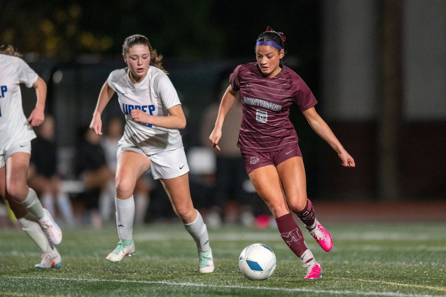 PHOTO BY FOREST WORGUM Montesano senior Adda Potts (right) dribbles during a 2-0 loss to University Prep in a 1A State Tournament first-round game on Wednesday in Montesano.