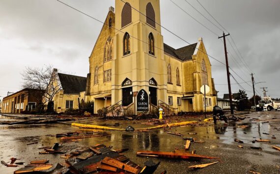 Barbara A. Smith photos / For The Daily World
The steeple at Saron Lutheran First Presbyterian Church in Hoquiam was struck by lightning at about 6:30 a.m. Wednesday.