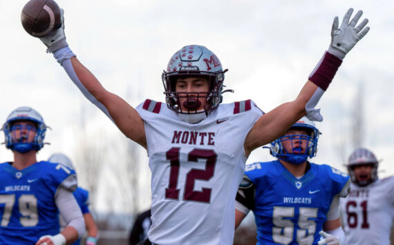 PHOTO BY FOREST WORGUM Montesano’s Toren Crites raises his arms after scoring a touchdown during a 21-10 win over La Center in a 1A State Football quarterfinal game on Saturday at Woodland High School.