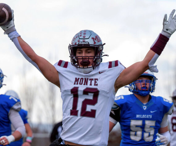 <p>PHOTO BY FOREST WORGUM Montesano’s Toren Crites raises his arms after scoring a touchdown during a 21-10 win over La Center in a 1A State Football quarterfinal game on Saturday at Woodland High School.</p>