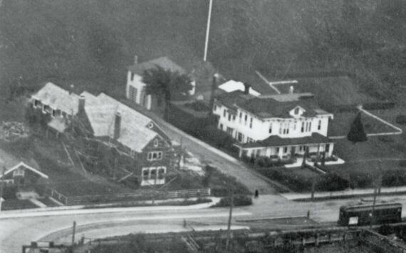 Photos courtesy Polson Museum
Aerial view of the Arnold and Priscilla Polson house under construction at 17th Street and Riverside Avenue in Hoquiam. Note the scaffolding surrounding the building and that windows had yet to be installed. To the right of the mansion is the Alex and Ella Polson home, a stately mansion built in 1886 for Alex Polson and demolished in 1941 under the direction of his widow, Ella Polson.