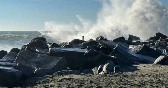 Cherie Fisher / mycoast.org
A king tides slams into the rocks at Westport on Dec. 25, 2023. The water level at the time of the photo was 9.5 feet.