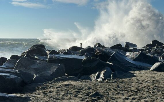 Cherie Fisher / mycoast.org
A king tides slams into the rocks at Westport on Dec. 25, 2023. The water level at the time of the photo was 9.5 feet.