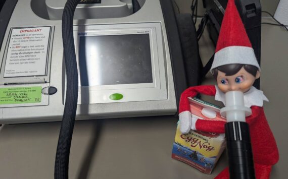 Aberdeen Police Department
Justice the elf blows into a breathalyzer at the Aberdeen Police Department.