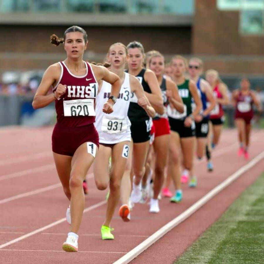 SUBMITTED PHOTO 
Hoquiam’s Jane Roloff (620) leads Montesano’s Haley Schweppe (931) and the rest of the field during a race at the WIAA 1A State Championships in May at Eisenhower High School in Yakima.