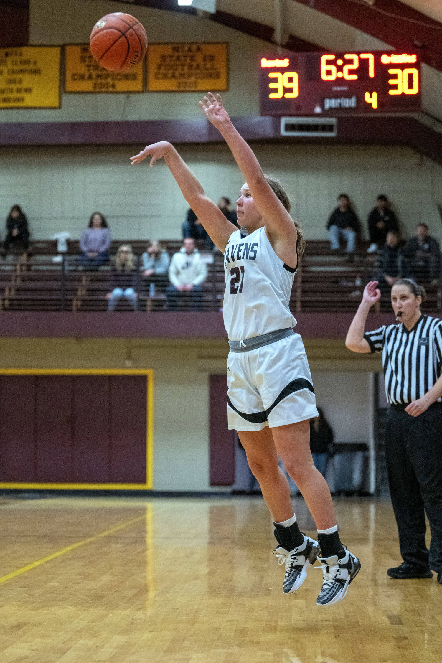 PHOTO BY FOREST WORGUM Raymond-South Bend forward Kassie Koski, seen here in a file photo, scored 19 points to lead the Ravens to a 61-15 win over Willapa Valley on Monday in Raymond.