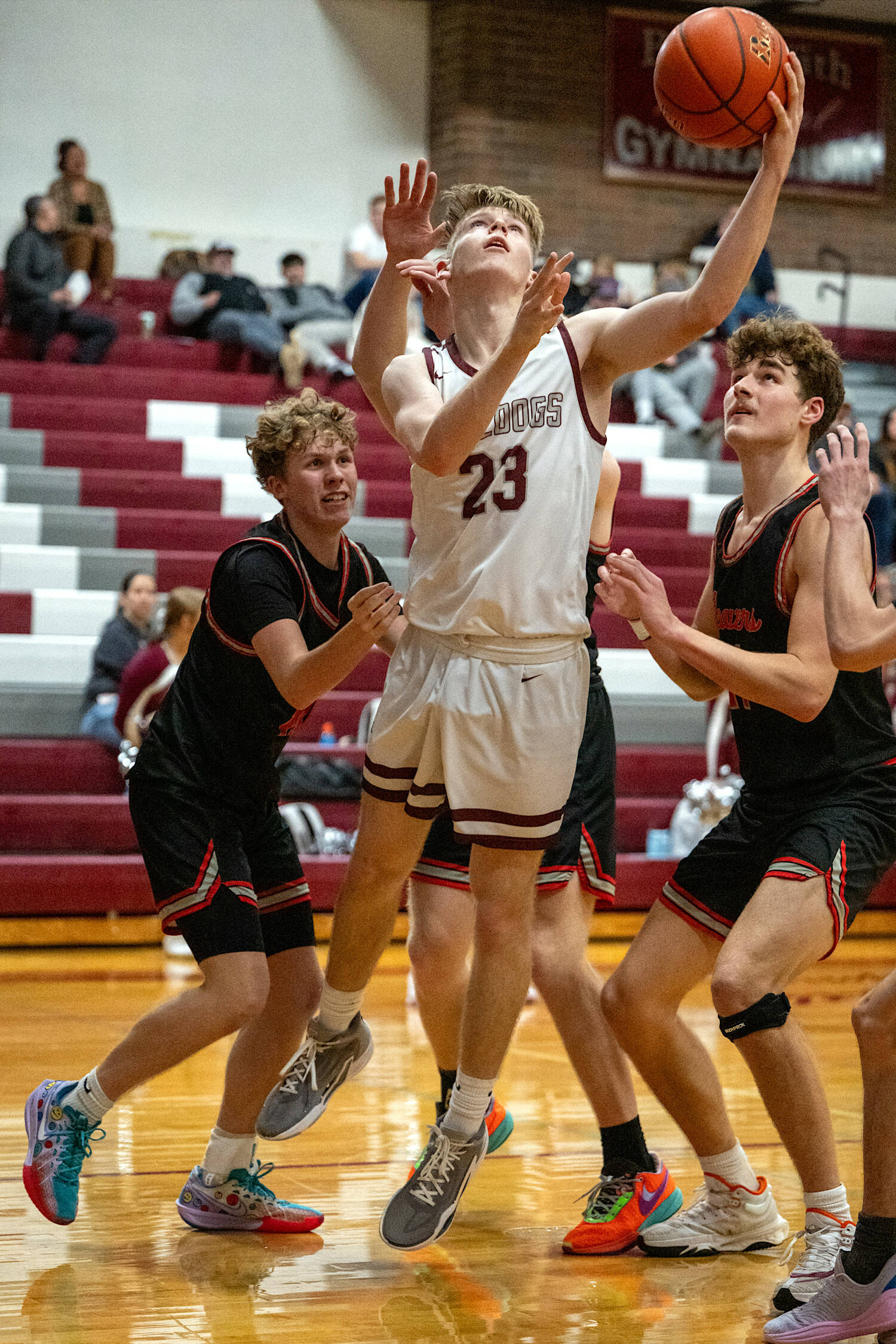 PHOTO BY FOREST WORGUM Montesano’s Caden Grubb (23) scores in the paint during a 56-35 win over Tenino on Thursday in Montesano.