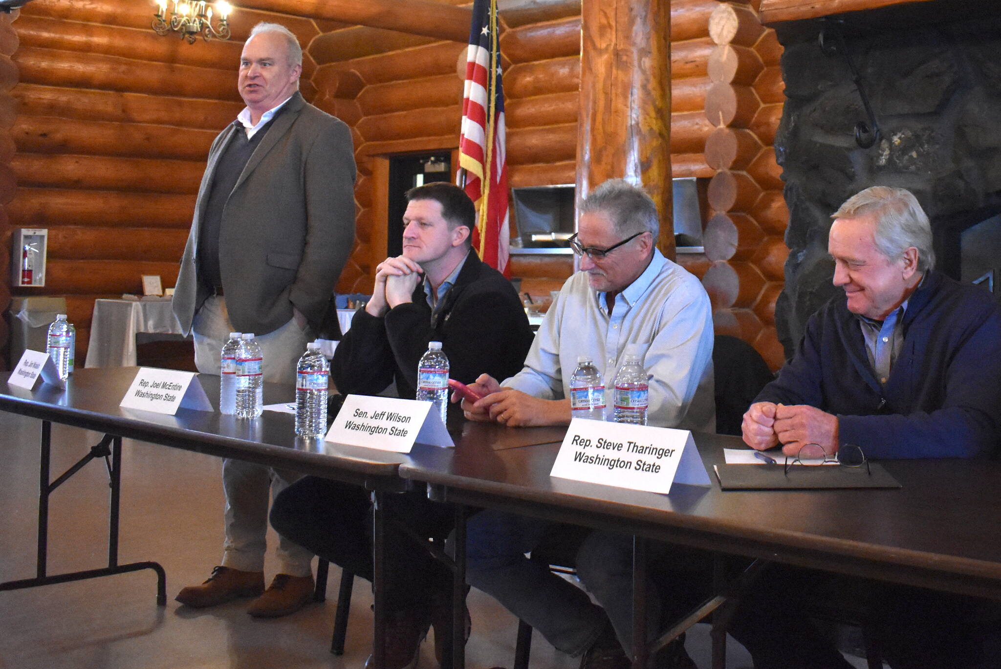 Rep. Jim Walsh, R-District 19 makes remarks while Rep. Joel McEntire, R-District 19 Position 2, Sen. Jeff Wilson, R-District 19 and Rep. Steve Tharinger, D-District 24, Position 2, look on.