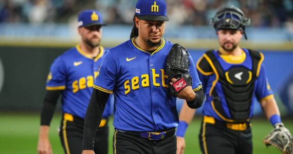 Dean Rutz / The Seattle Times
Seattle Mariners pitcher Luis Castillo walks to the mound for a start against the Texas Rangers, June 14, 2024 in Seattle.