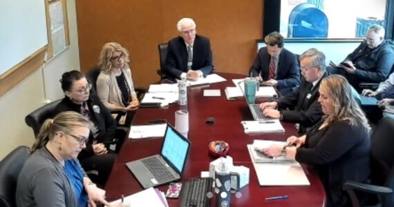 Video screen shot
The Grays Harbor County Commissioners held a “non-action” meeting on March 4. Superior Court Clerk Kym Foster is seated at the bottom right.